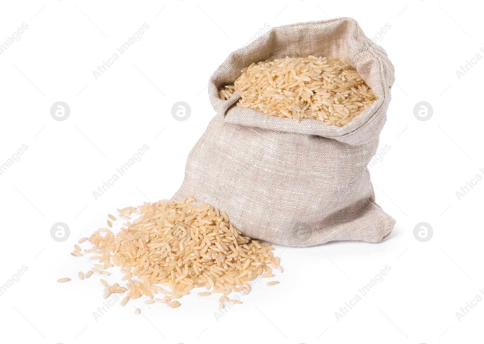 Photo of Raw rice in burlap isolated on white