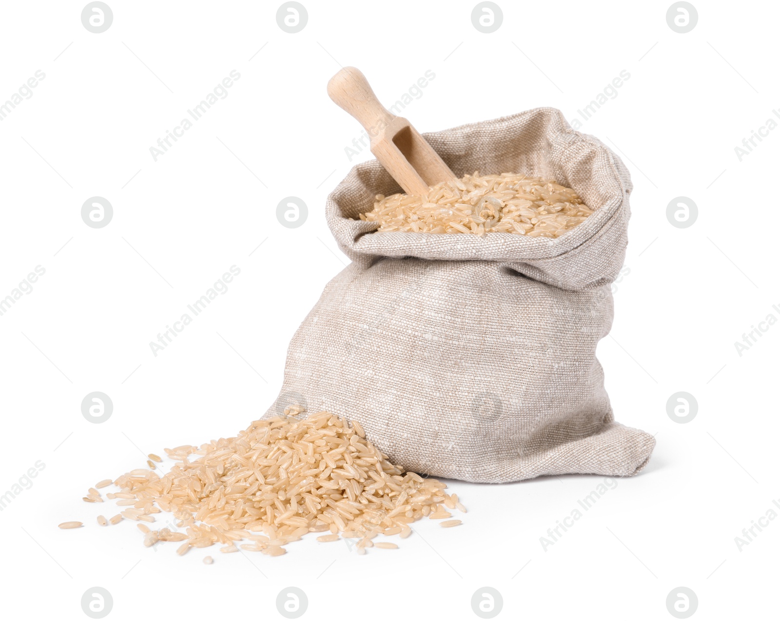 Photo of Raw rice in burlap with scoop isolated on white