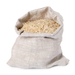 Photo of Raw rice in burlap isolated on white