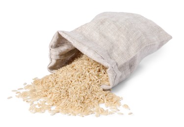 Photo of Raw rice in burlap isolated on white