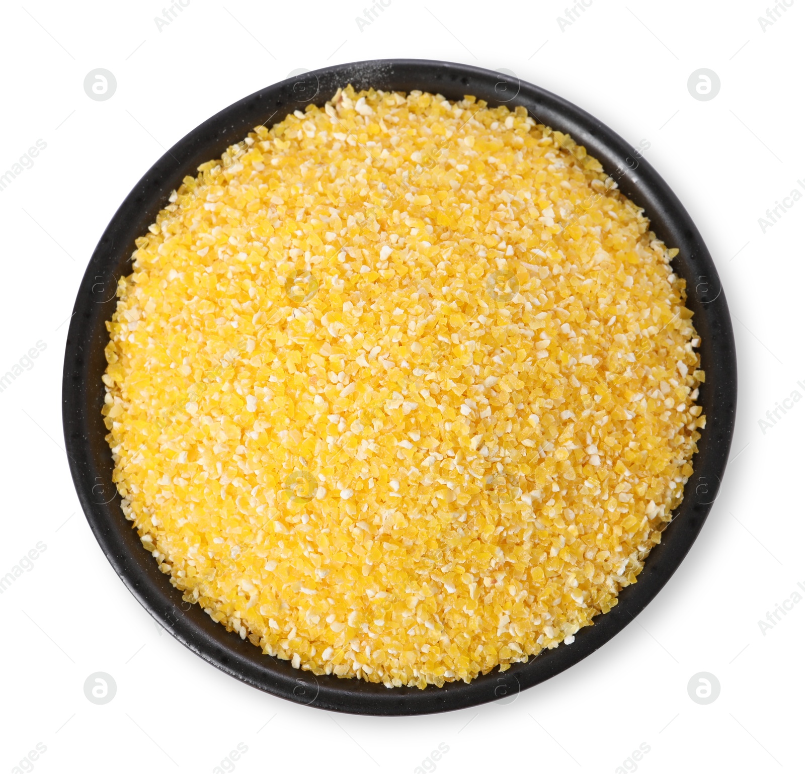 Photo of Raw cornmeal in bowl isolated on white, top view