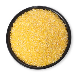 Photo of Raw cornmeal in bowl isolated on white, top view