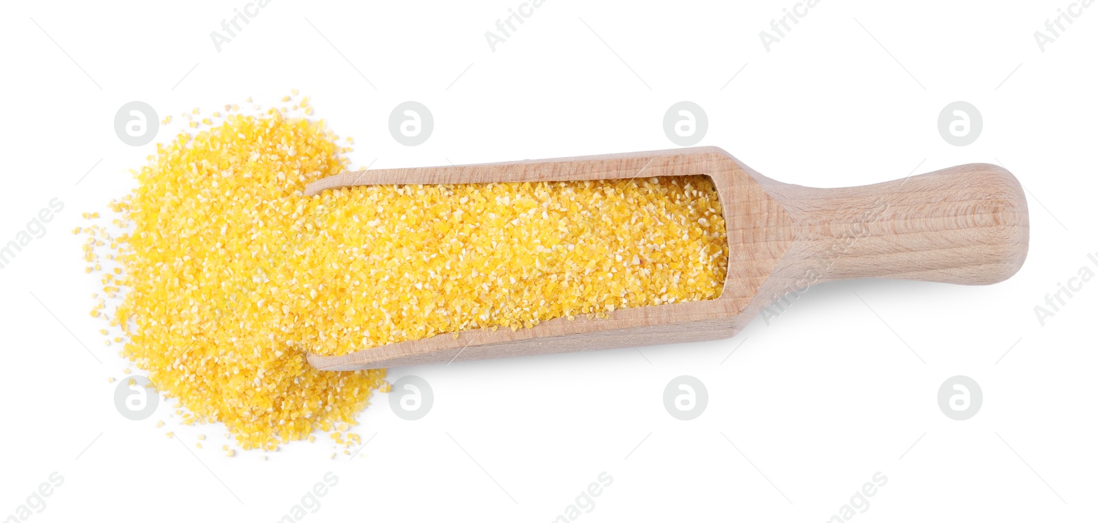 Photo of Raw cornmeal in scoop isolated on white, top view