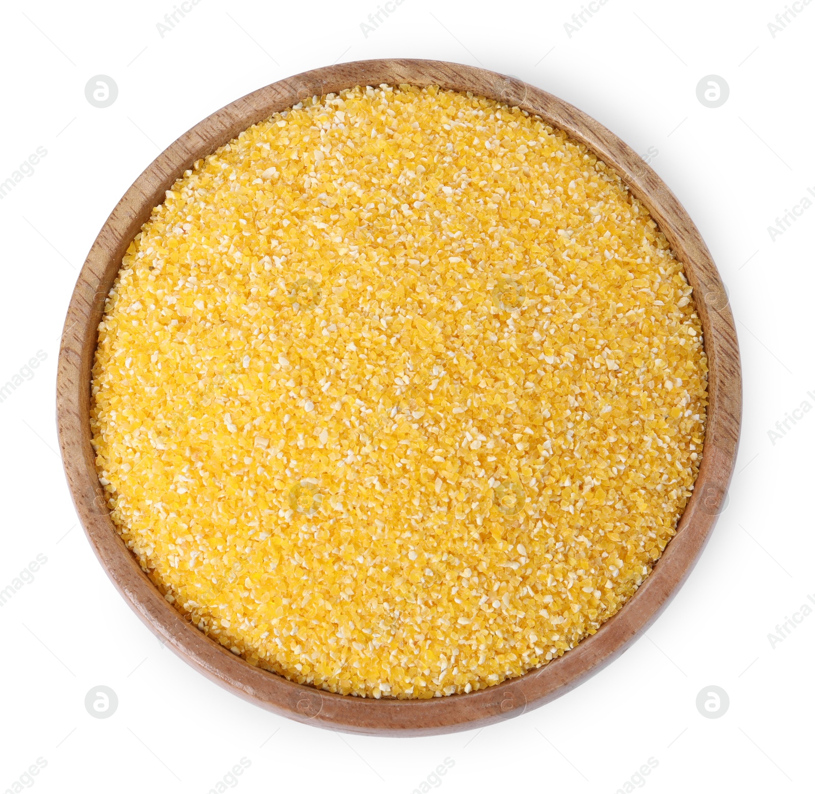 Photo of Raw cornmeal in bowl isolated on white, top view