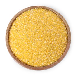 Photo of Raw cornmeal in bowl isolated on white, top view