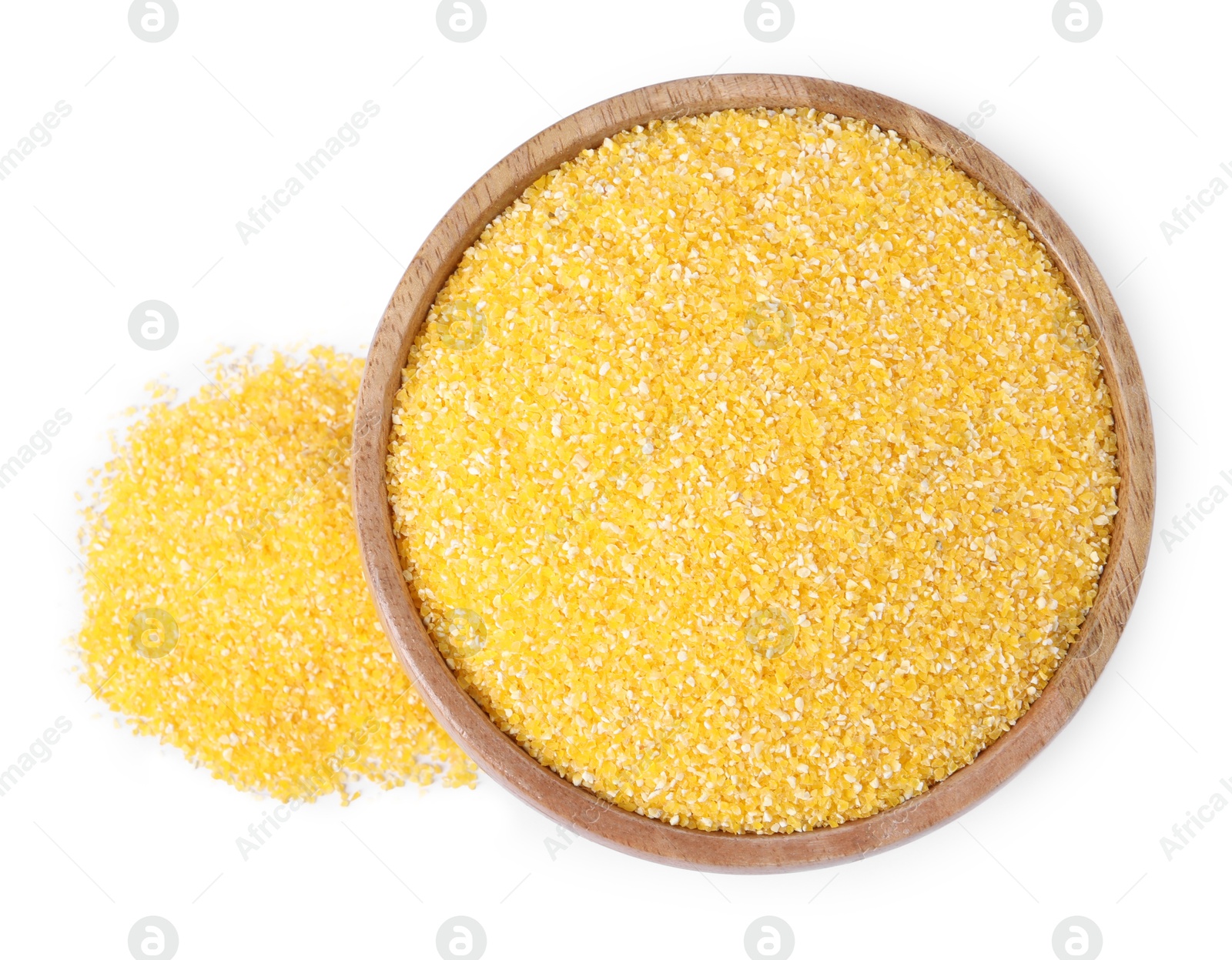 Photo of Raw cornmeal in bowl isolated on white, top view