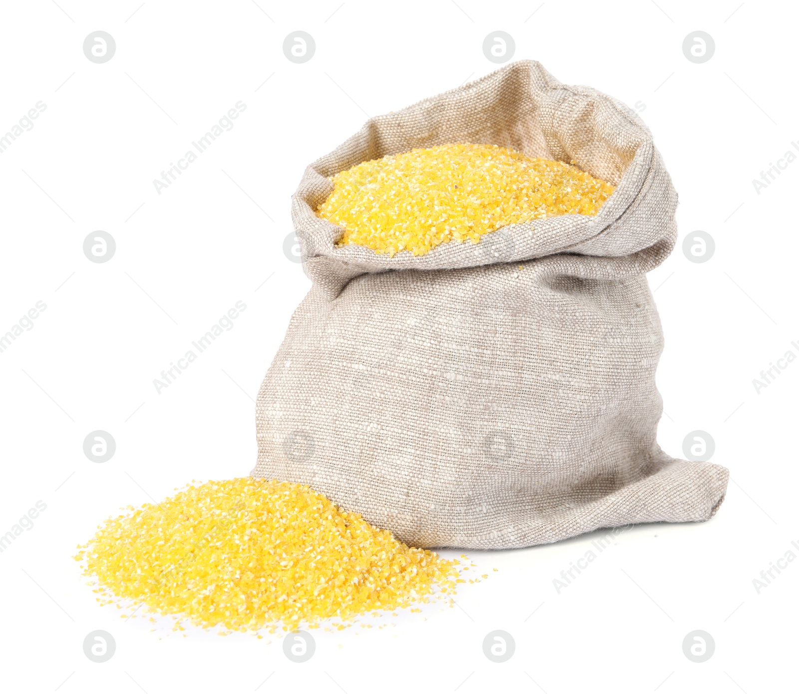 Photo of Raw cornmeal in burlap isolated on white