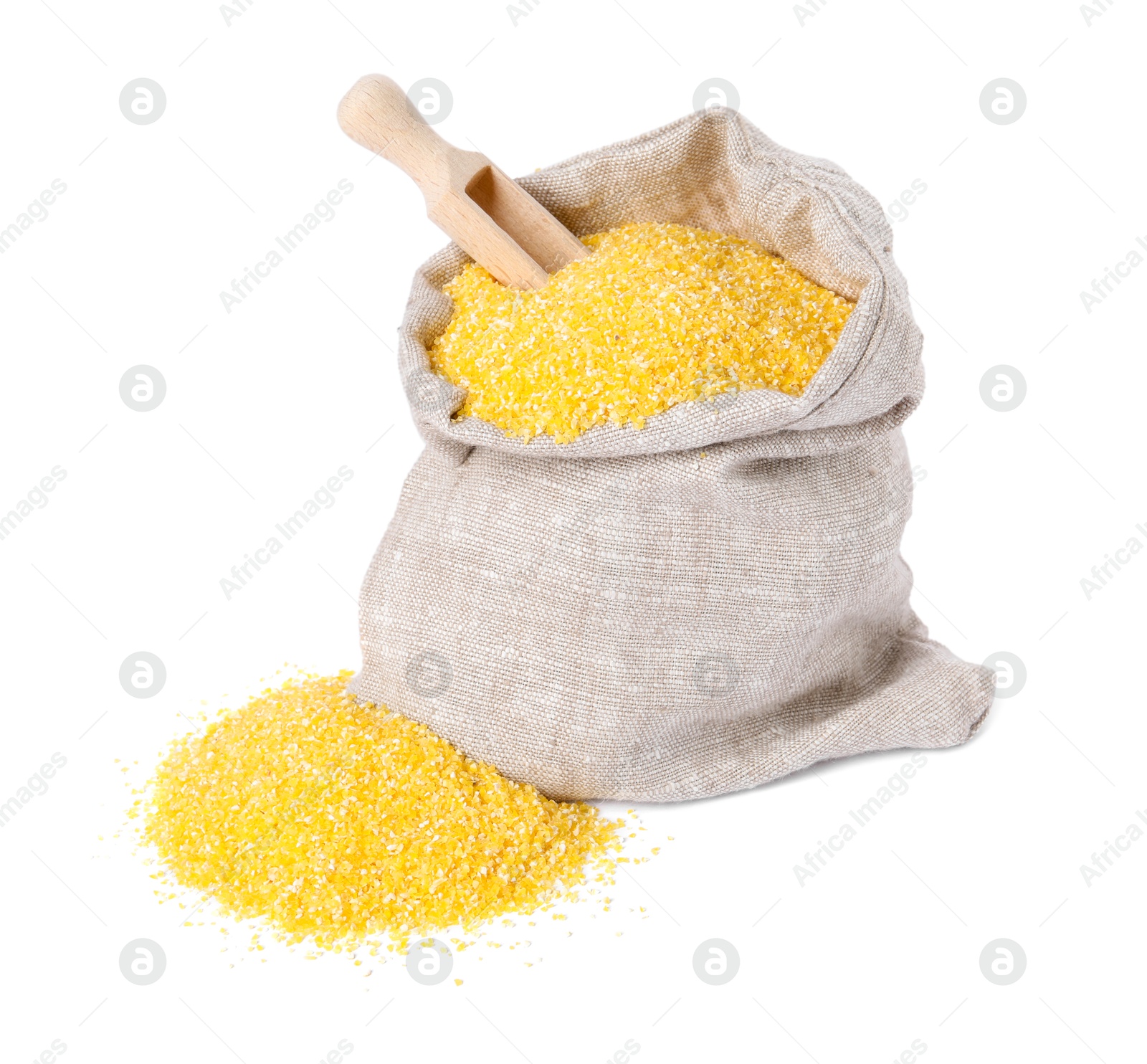 Photo of Raw cornmeal in burlap with scoop isolated on white