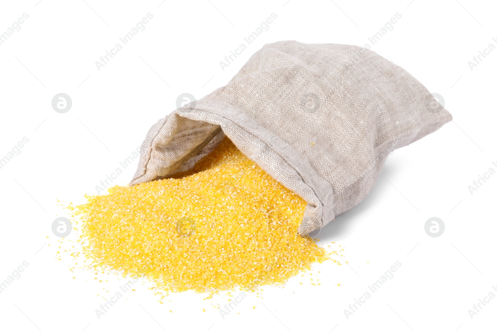 Photo of Raw cornmeal in burlap isolated on white