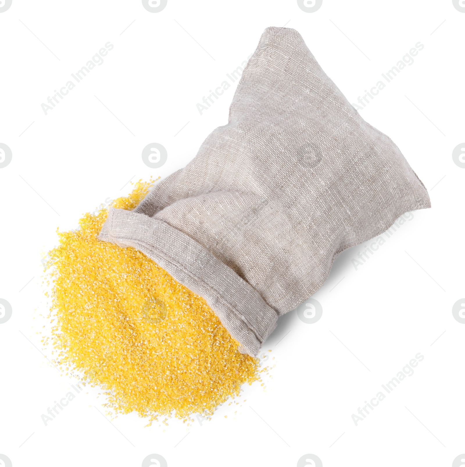 Photo of Raw cornmeal in burlap isolated on white