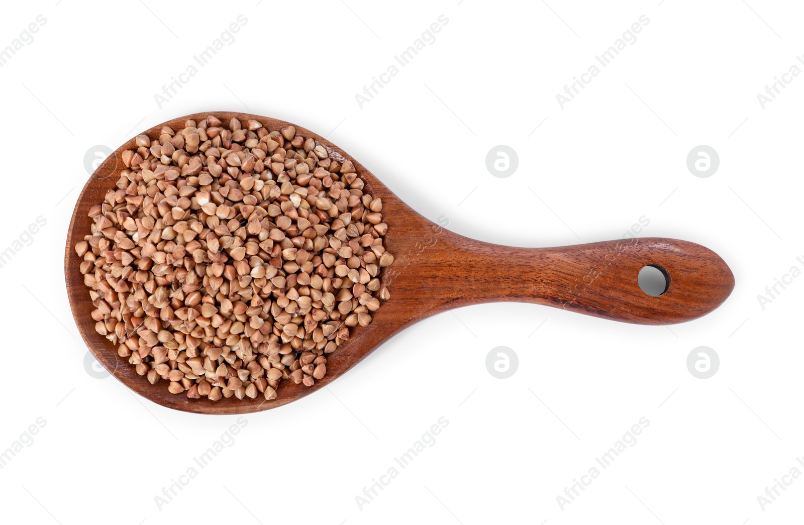 Photo of Raw buckwheat in spoon isolated on white, top view