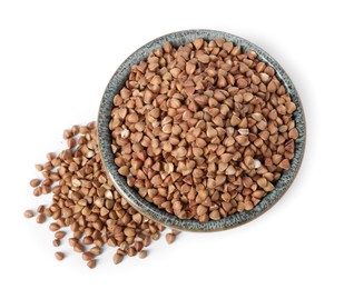 Photo of Raw buckwheat in bowl isolated on white, top view