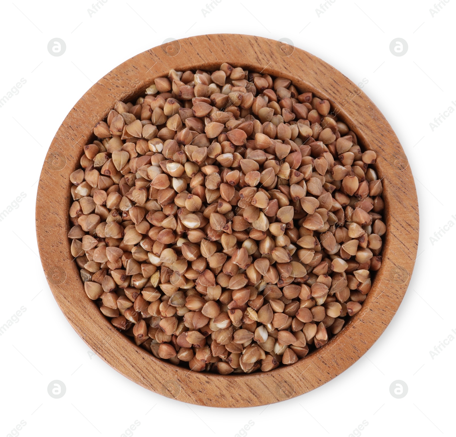 Photo of Raw buckwheat in bowl isolated on white, top view