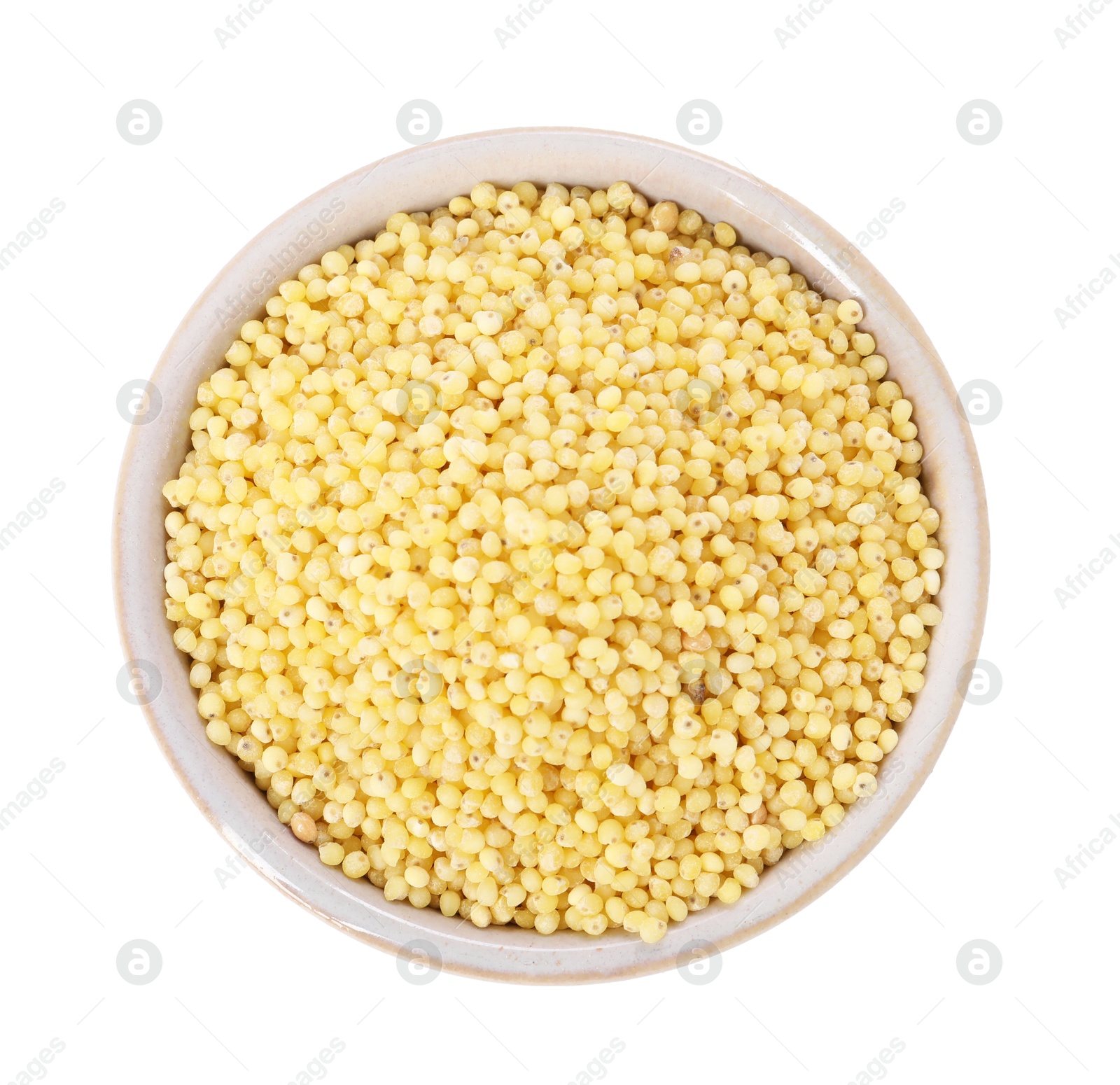 Photo of Millet groats in bowl isolated on white, top view