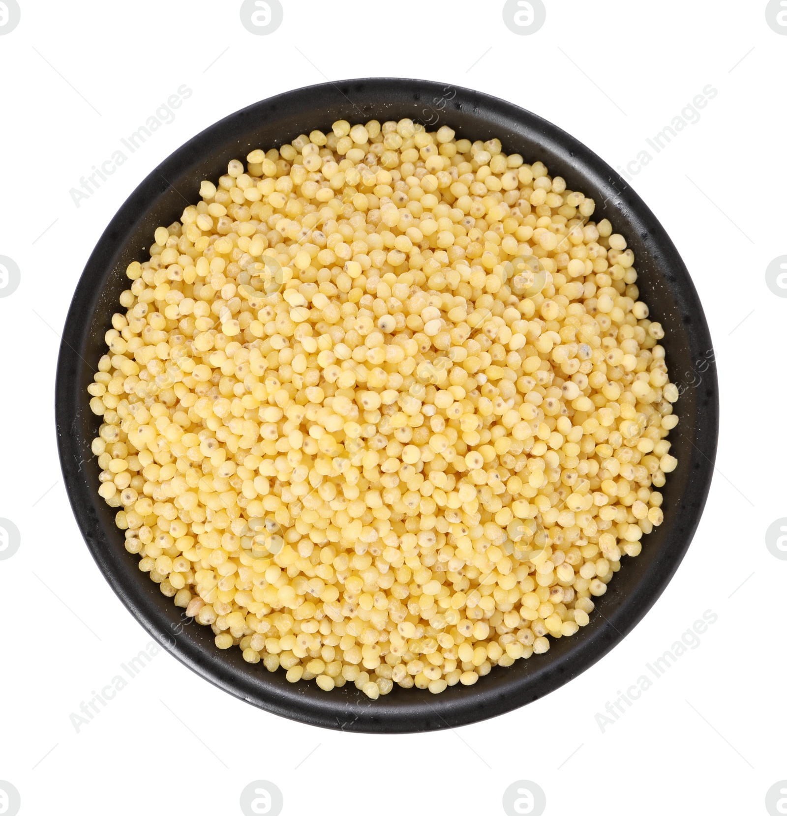 Photo of Millet groats in bowl isolated on white, top view