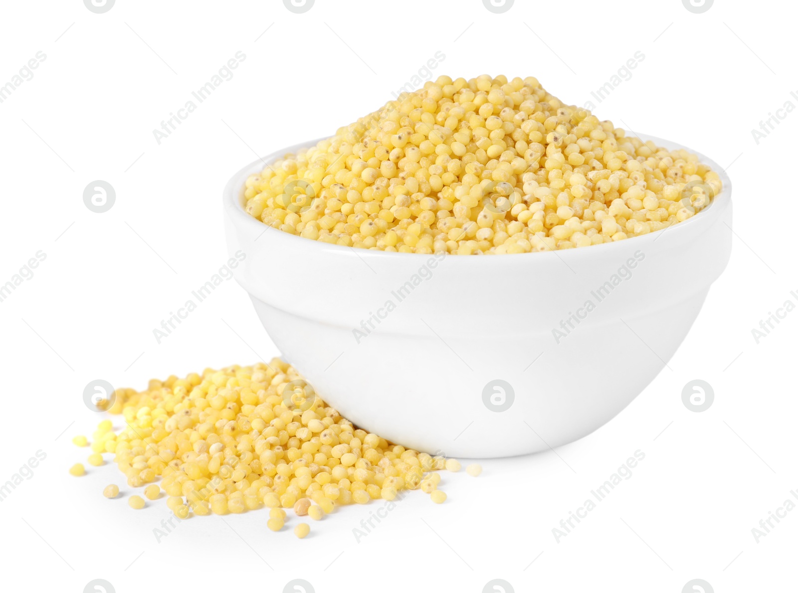 Photo of Millet groats in bowl isolated on white