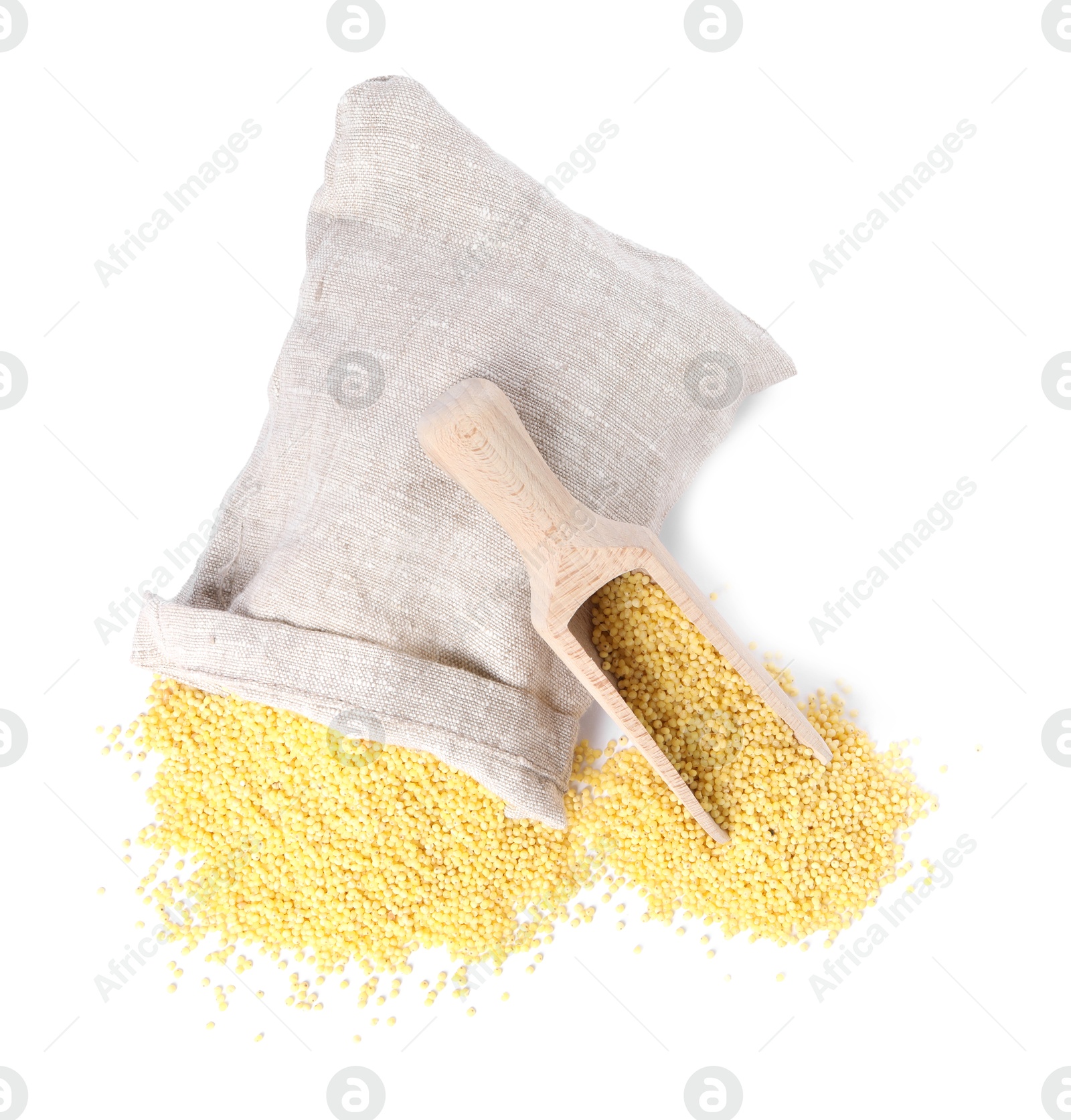 Photo of Millet groats in burlap with scoop isolated on white, top view