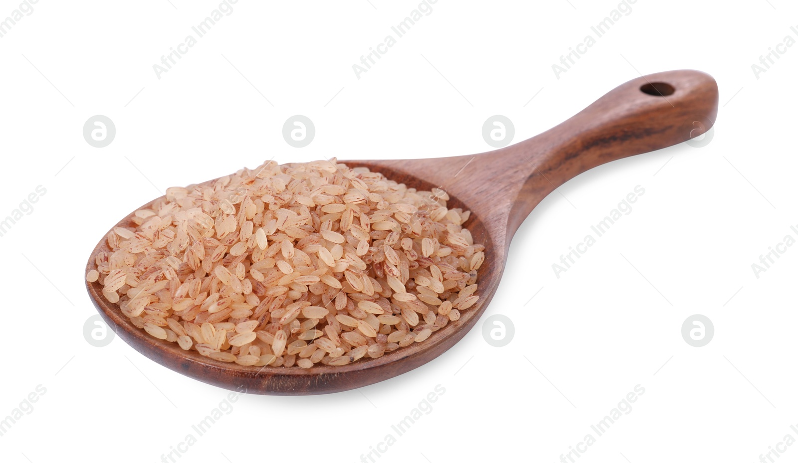 Photo of Raw organic matta rice in wooden spoon isolated on white