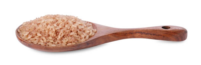 Raw organic matta rice in wooden spoon isolated on white