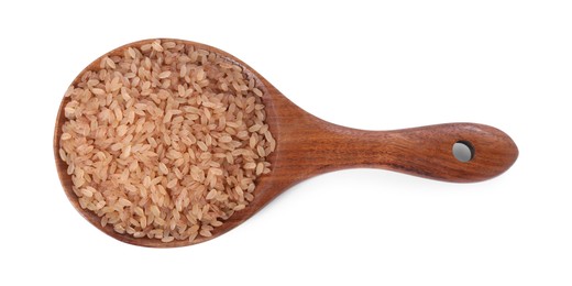 Photo of Raw organic matta rice in wooden spoon isolated on white, top view