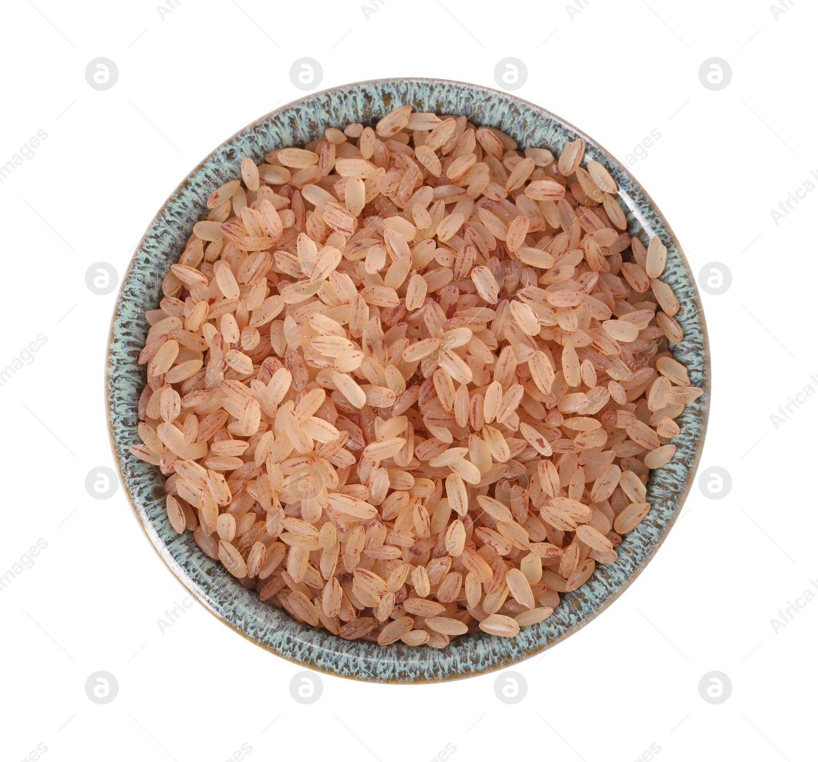 Photo of Raw organic matta rice in bowl isolated on white, top view