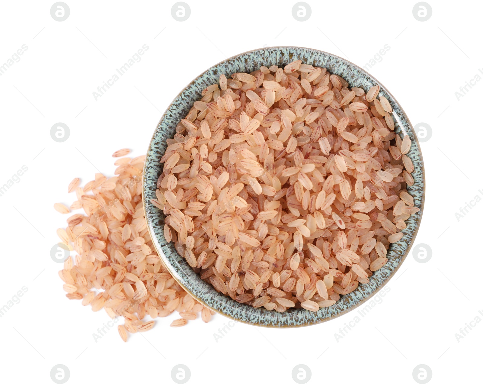 Photo of Raw organic matta rice in bowl isolated on white, top view