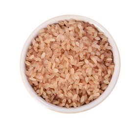 Raw organic matta rice in bowl isolated on white, top view