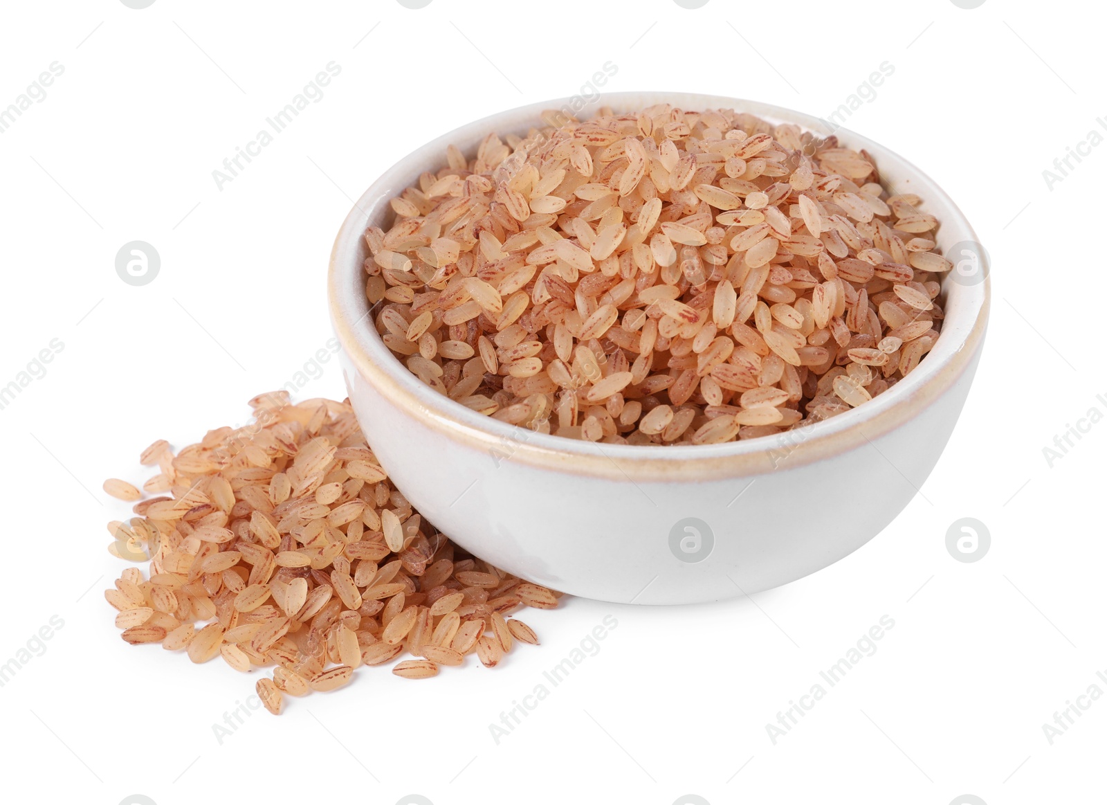 Photo of Raw organic matta rice in bowl isolated on white