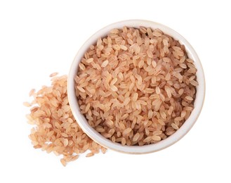 Photo of Raw organic matta rice in bowl isolated on white, top view