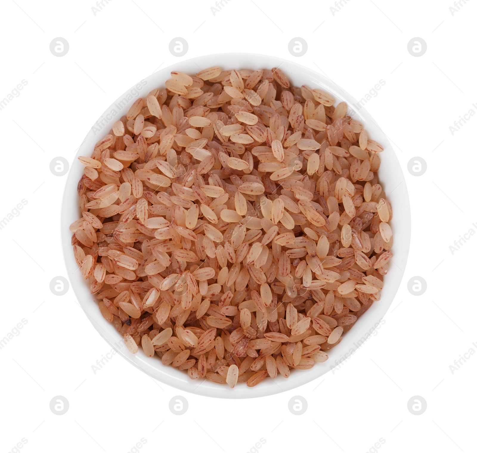 Photo of Raw organic matta rice in bowl isolated on white, top view