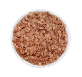 Photo of Raw organic matta rice in bowl isolated on white, top view