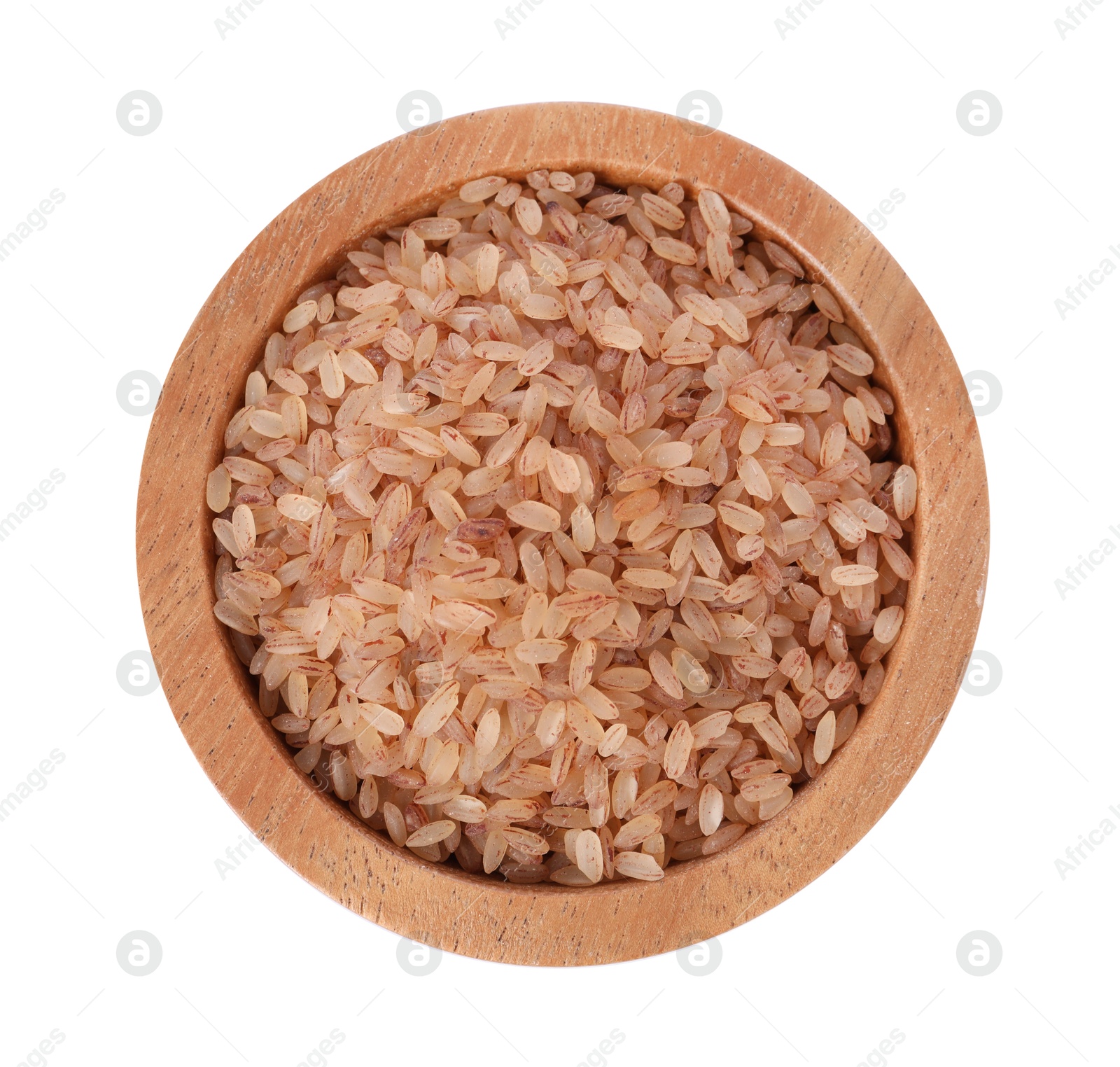 Photo of Raw organic matta rice in bowl isolated on white, top view