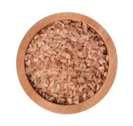 Photo of Raw organic matta rice in bowl isolated on white, top view