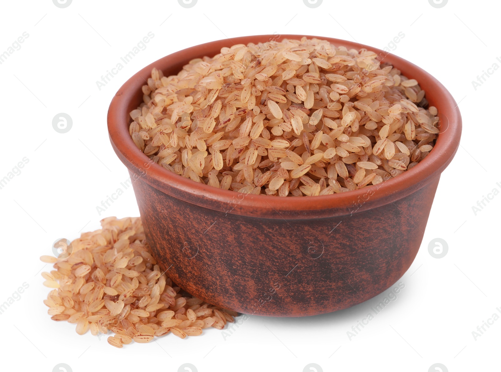 Photo of Raw organic matta rice in bowl isolated on white