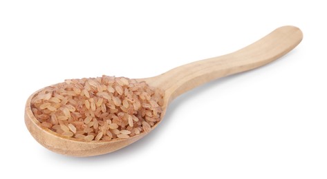 Photo of Raw organic matta rice in wooden spoon isolated on white