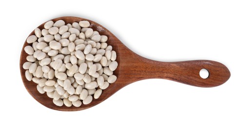 Photo of Dried beans in wooden spoon isolated on white, top view