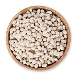 Photo of Dried beans in bowl isolated on white, top view