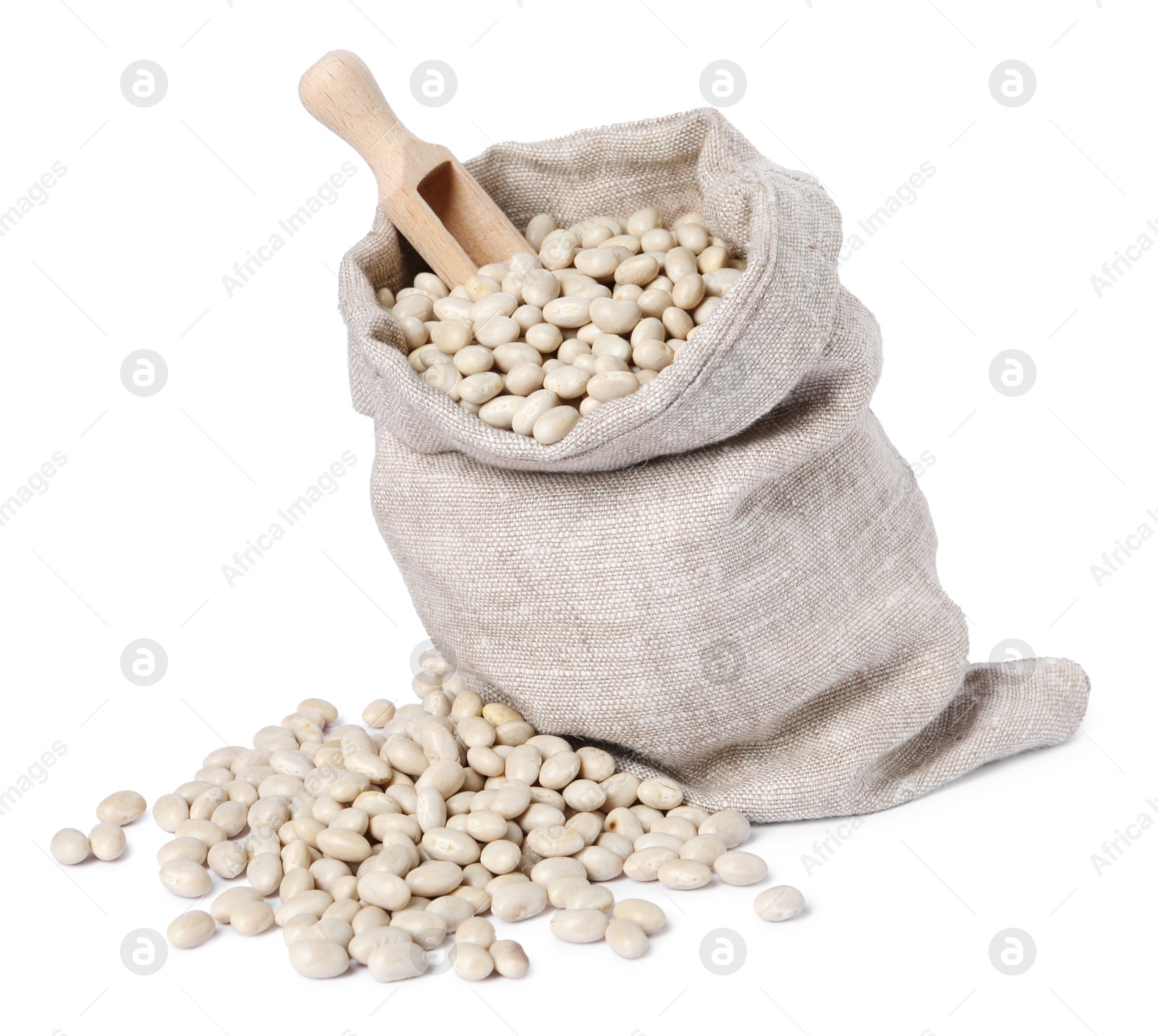 Photo of Dried beans in burlap with scoop isolated on white