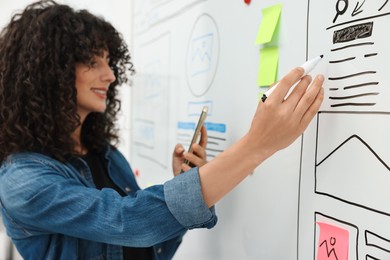 Photo of Developing UI design. Woman drawing website wireframe on whiteboard indoors, selective focus