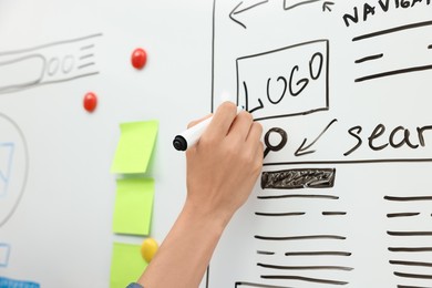 Developing UI design. Woman drawing website wireframe on whiteboard indoors, closeup