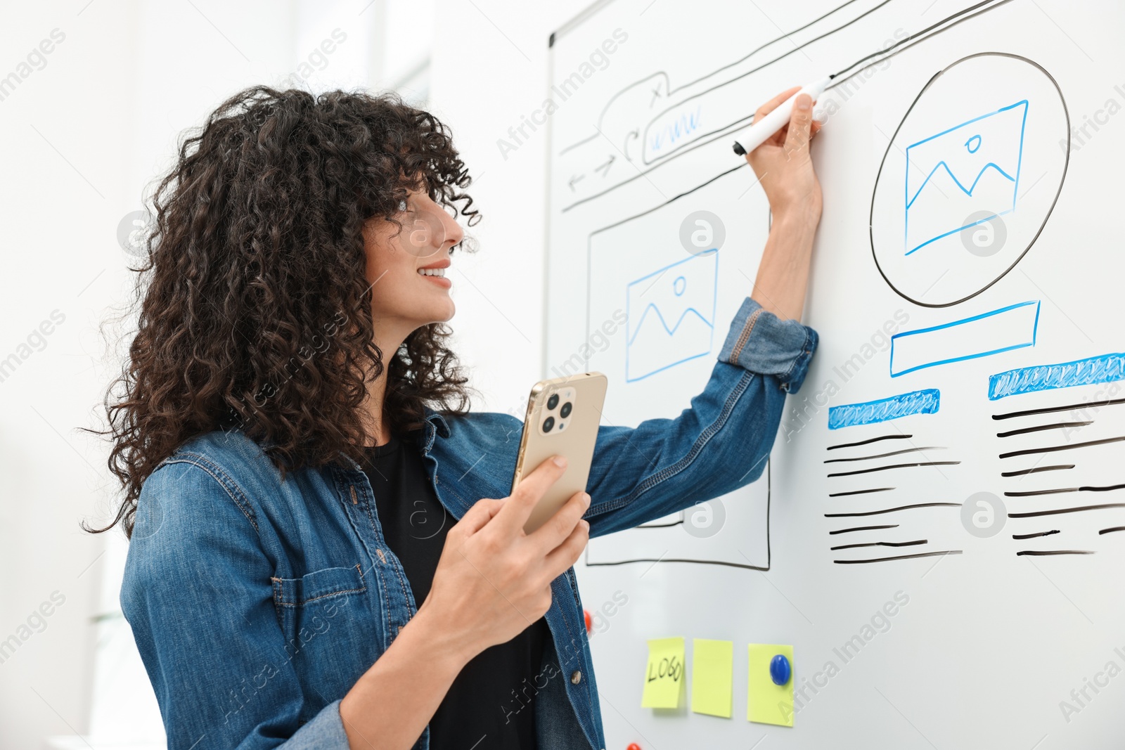 Photo of Developing UI design. Woman drawing website wireframe on whiteboard indoors