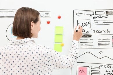 Developing UI design. Woman drawing website wireframe on whiteboard indoors