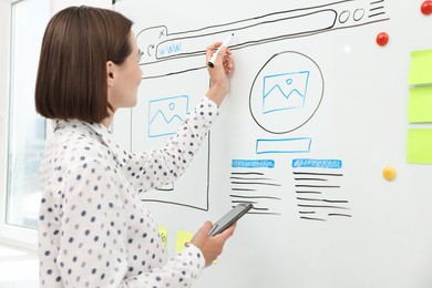 Developing UI design. Woman drawing website wireframe on whiteboard indoors