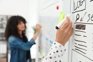 Photo of Developing UI design. Women drawing website wireframe on whiteboard indoors, selective focus