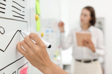 Photo of Developing UI design. Man and woman drawing website wireframe on whiteboard indoors, selective focus