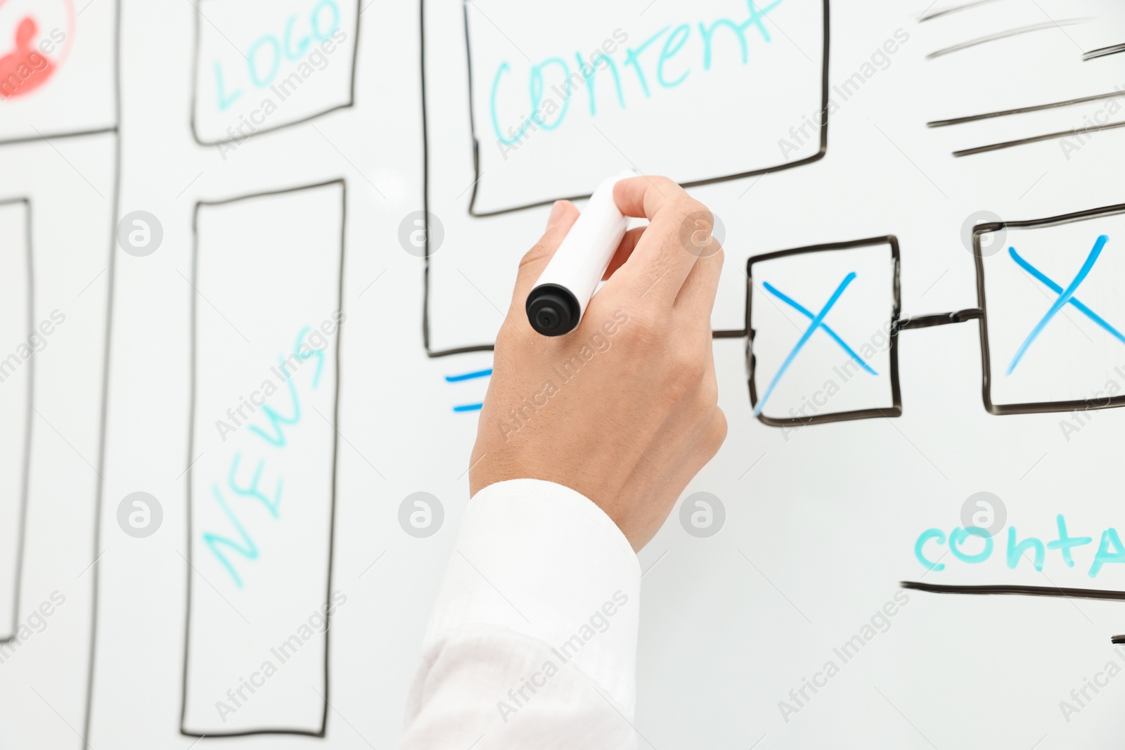 Photo of Developing UI design. Woman drawing website wireframe on whiteboard indoors, closeup