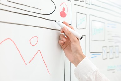 Developing UI design. Woman drawing website wireframe on whiteboard indoors, closeup