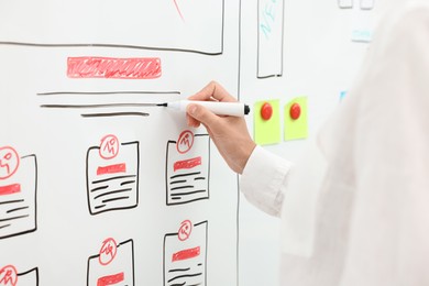 Developing UI design. Woman drawing website wireframe on whiteboard indoors, closeup