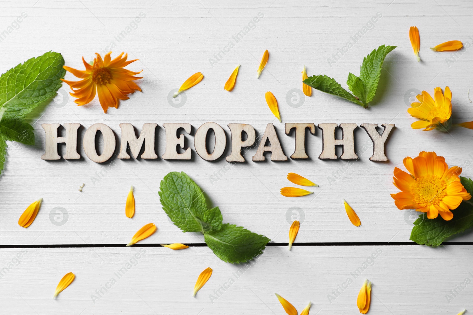 Photo of Word Homeopathy and medicinal herbs on white wooden background, flat lay