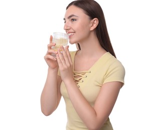 Photo of Woman drinking water with lemon on white background